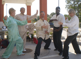 World Tai Chi and Qigong Day in Kissimmee FL Yang style Taiji ‘Movements” (left to right): Stella- “Single Whip”, Alex-”Golden Rooster Stands One Leg”, Sam- “Ward Off”, Phil-”Holding The Ball”, and Jeannie-”Small-Frame- Single Whip”
